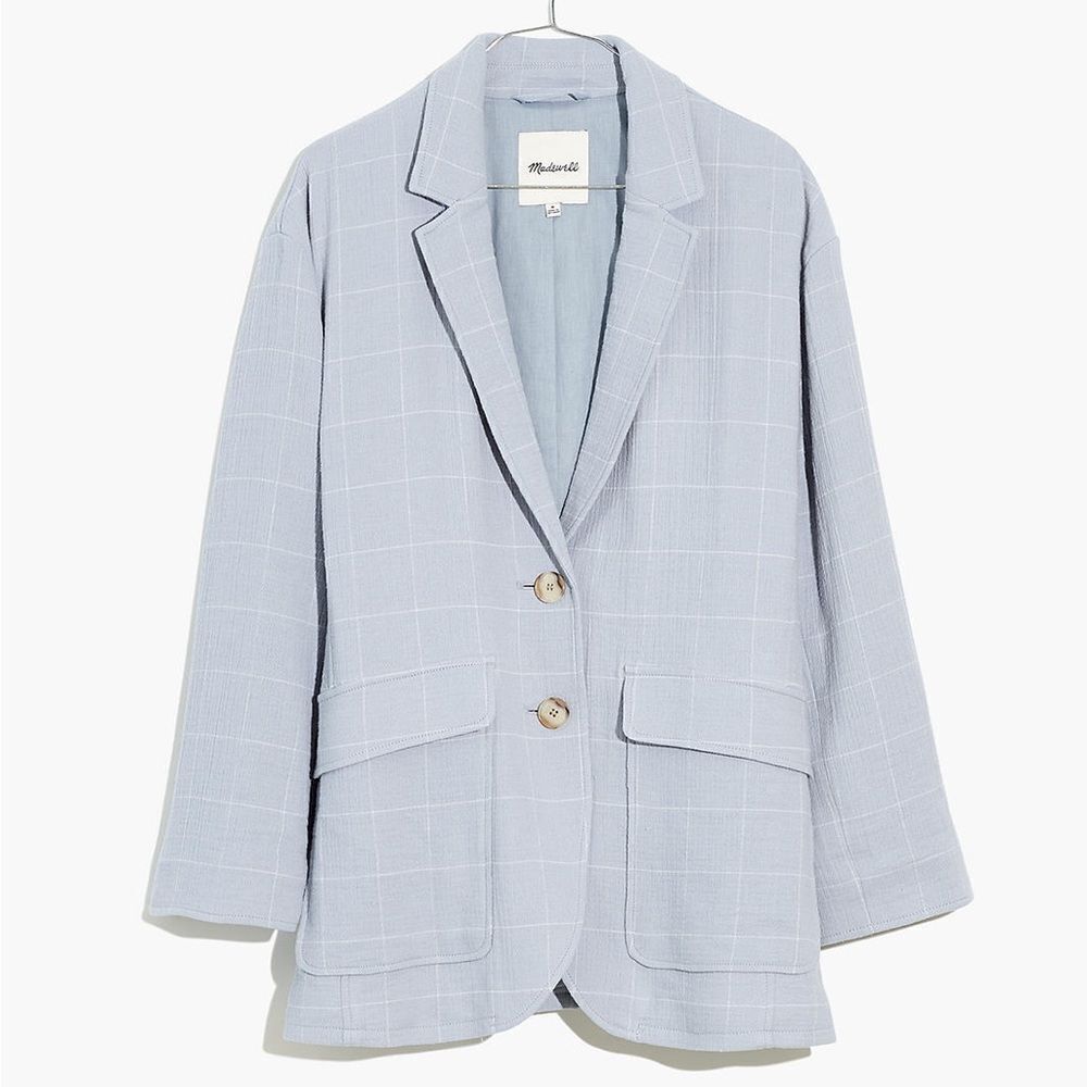 NWT Madewell Relaxed Larsen Cotton & Linen Light Blue Windowpane Blazer‎ Jacket